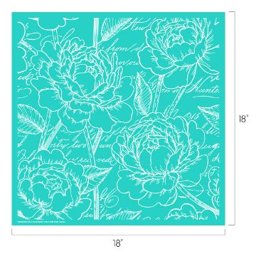 Show details for Fancy Florals Pattern A teal square paper measuring 18 by 18 inches with a white outline floral design and cursive script in the background.