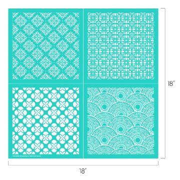 Show details for Pottery Patterns Four turquoise square stencils with different geometric and floral patterns, arranged in a 2x2 grid, each measuring 9 inches, with the total image size 18 by 18 inches.