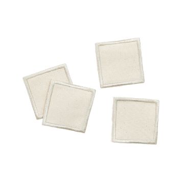Show details for Square Blank Finished Edge Patches (4-Pack) Four plain, square, cream-colored fabric coasters are arranged on a white background, with two slightly overlapping and the other two spaced apart.