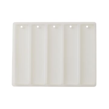Show details for Bookmark Mold (1 1/8" x 5") A white, rectangular tray featuring five long, narrow, evenly spaced compartments with small circular holes at the top of each section.