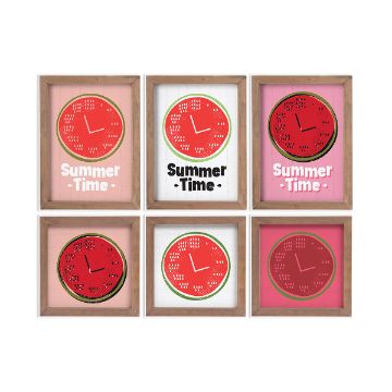 Show details for Summer Time Six framed prints, each featuring a red watermelon slice designed as a clock with white hands, and the words "Summer Time" below in various colors and backgrounds.