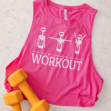 Show details for Favorite Workout A pink sleeveless workout top with white illustrations of corkscrews and the text "MY FAVORITE WORKOUT," next to two yellow dumbbells on a light surface.