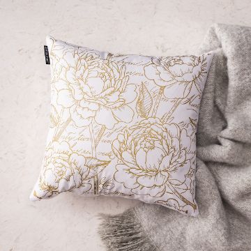 Show details for Fancy Florals Pattern A white square pillow with gold floral and script patterns rests on a light gray textured blanket, placed on a light-colored stone surface.