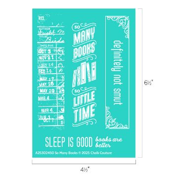 Show details for So Many Books A teal graphic features a library card, bookshelf illustration, and phrases: "So many books, so little time," "definitely not smut," and "Sleep is good, books are better." Dimensions: 6½" x 4½".