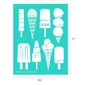 Show details for Brain Freeze A teal background features white outlines of various ice cream treats and popsicles, including cones and bars, arranged in three rows. Dimensions are 8.5 inches wide by 11 inches tall.