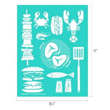 Show details for Well Done A teal stencil sheet features white grilling-themed icons, including a crab, lobster, kebabs, burgers, sausages, mushrooms on a grill, fish, salt and pepper shakers, and a spatula. Dimensions: 8.5" x 11".