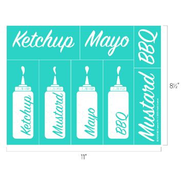 Show details for Squeeze Me Teal labels for condiment bottles featuring white script text: "Ketchup," "Mayo," "Mustard," and "BBQ" with corresponding illustrated squeeze bottles. Dimensions are 11 inches wide by 8.5 inches high.