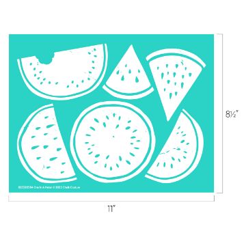 Show details for One In A Melon A turquoise stencil featuring six white watermelon slice designs, including whole, half, and triangular pieces. The stencil measures 11 inches wide by 8.5 inches tall.