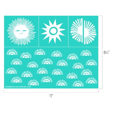 Show details for Solar-ious A turquoise stencil sheet measuring 8.5 by 11 inches features designs of stylized suns and semicircular sunbursts in three large and multiple small repeating patterns.