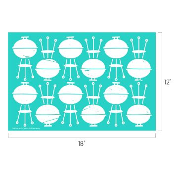 Show details for Hot Off The Grill A turquoise rectangular mat measuring 18 inches by 12 inches, featuring a repeating pattern of white retro-style barbeque grills with three legs and antenna-like handles.