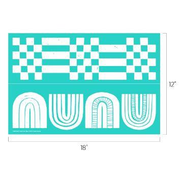 Show details for Check And Mate A turquoise stencil sheet measuring 18 by 12 inches features a checkerboard pattern on top and four stylized rainbow arches with different line designs on the bottom.