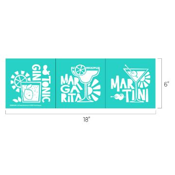 Show details for 5 O'Clock Somewhere Three teal rectangles, each 6 by 6 inches, display white stylized images and text for drinks: "GIN TONIC" with a glass, "MARGARITA" with a cocktail and lime, and "MARTINI" with a martini glass and olives. Total width is 18 inches.