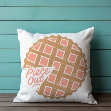 Show details for Piece Out A white throw pillow with an illustration of a lattice-topped pie and the words "Piece Out" written in stylized text, placed against a turquoise wooden wall.