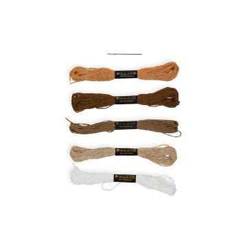 Show details for Wise Owl Embroidery Floss & Needle Five skeins of embroidery floss in shades of brown, tan, and white are arranged horizontally in a row, with a metal embroidery needle placed above them on a white background.