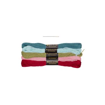 Show details for Holiday Letters Minis Embroidery Floss & Needle Six skeins of embroidery floss in blue, green, pink, and red shades arranged horizontally, with a metal embroidery needle placed above them on a white background.