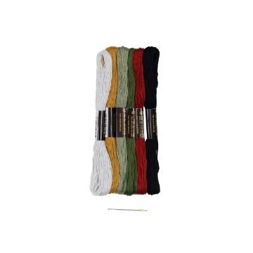 Show details for Down To The Village Embroidery Floss & Needle Six bundles of embroidery floss in white, gold, green, red, and black are neatly arranged side by side. A single sewing needle is placed below the bundles on a white background.