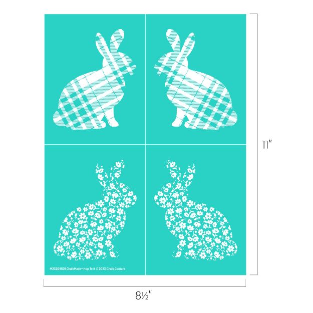 Four white bunny silhouettes on a turquoise background; top two have plaid patterns, bottom two have floral patterns. Image dimensions: 11 inches tall by 8.5 inches wide.