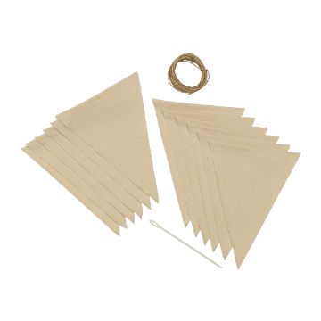 Show details for Fabric Pennant Banner Ten beige fabric pennants, a bundle of twine, and a white plastic needle are arranged on a white background, forming a DIY banner kit.