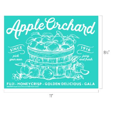 Show details for Apple Orchard Encore Teal sign with white sketch of a basket filled with apples and scattered fruit. Text reads: "Apple Orchard, Since 1916, pick your own, juicy and fresh, Fuji, Honeycrisp, Golden Delicious, Gala." Dimensions: 11" x 8.5".