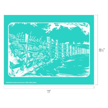 Show details for Country Scene Encore A turquoise and white illustration of a rustic wooden fence lined with flowers, set in a countryside scene. The image measures 11 inches wide by 8.5 inches tall.