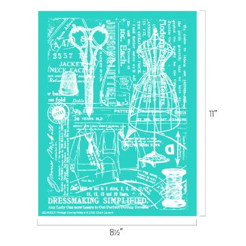 Show details for Vintage Sewing Pattern A teal poster featuring white vintage sewing patterns, dress forms, scissors, measuring tape, and instructional text for dressmaking, with dimensions labeled as 11 inches tall by 8.5 inches wide.
