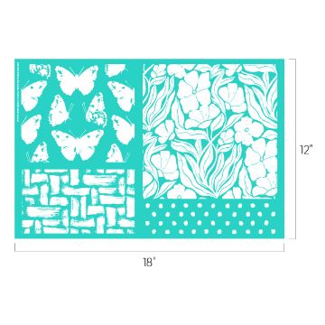 Show details for Butterfly Garden Patterns A teal stencil sheet, 18 by 12 inches, with cut-out designs of butterflies, flowers with leaves, a brick pattern, and a row of polka dots.