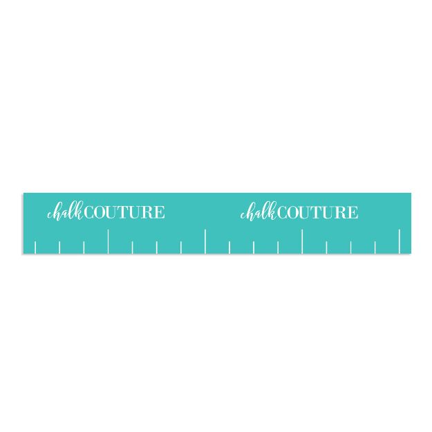 A turquoise ruler with white tick marks and the words "chalk COUTURE" printed twice in white text on a white background.