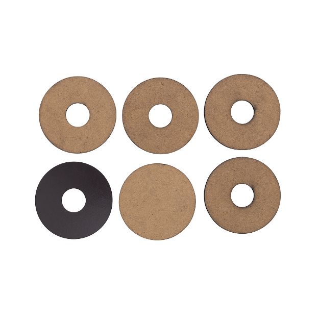 Six round, flat objects with holes in the center are arranged in two rows of three. Five are brown, one is black. One brown item in the middle has no hole. The background is white.