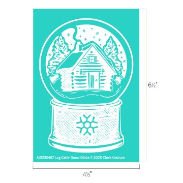 Show details for Log Cabin Snow Globe Illustration of a snow globe with a log cabin, snow-covered trees, and falling snow inside. The globe sits on a base featuring a snowflake design. Dimensions are 6½" tall by 4½" wide.