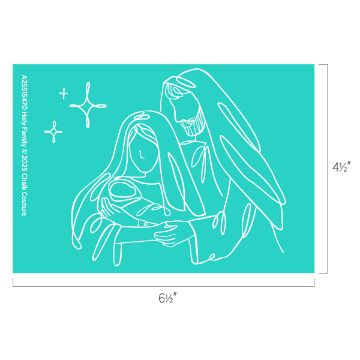 Show details for Holy Family Minimalist line drawing of the Holy Family—Mary, Joseph, and baby Jesus—on a teal background, with simple stars and measurement lines showing 6.5 inches wide by 4.5 inches tall.