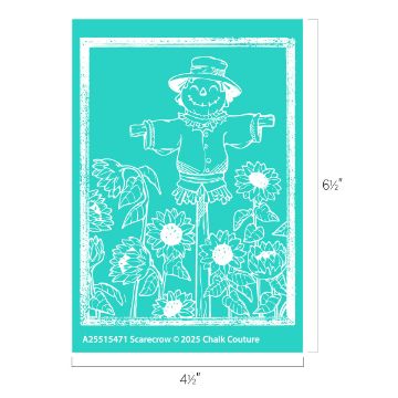 Show details for Scarecrow A white line drawing of a smiling scarecrow, surrounded by sunflowers, is centered on a teal rectangular background with a white border. Dimensions are 6½ inches by 4½ inches.