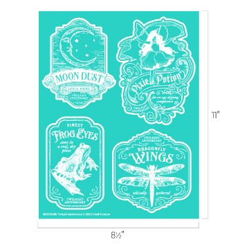 Show details for Twilight Apothecary A teal sheet with four white vintage-style labels: "Moon Dust," "Pixie Potion," "Finest Frog Eyes," and "Dragonfly Wings," each with matching illustrations and decorative borders. Sheet dimensions are 8.5 by 11 inches.