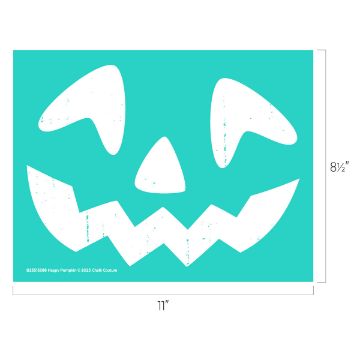 Show details for Happy Pumpkin A stencil of a simple jack-o'-lantern face with triangular eyes and nose, and a jagged mouth, on a teal background. The stencil measures 11 inches wide by 8.5 inches high.