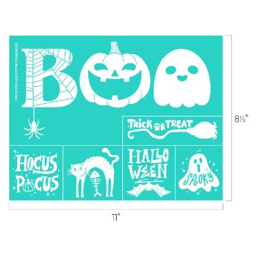 Show details for Boo Basics Teal stencil sheet with white Halloween-themed designs: "Boo" with a spider, a jack-o'-lantern, a ghost, "Trick or Treat" with a broom, "Hocus Pocus," a scared cat, "Halloween" with bats, and "Spooky" with stars.