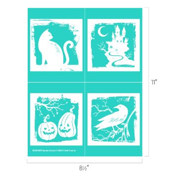 Show details for Spooky Scenes Four square Halloween-themed stencils: a cat with arched back, a castle with a crescent moon, two carved pumpkins, and a raven on a branch, all in white on a turquoise background. Dimensions are 8.5" x 11".