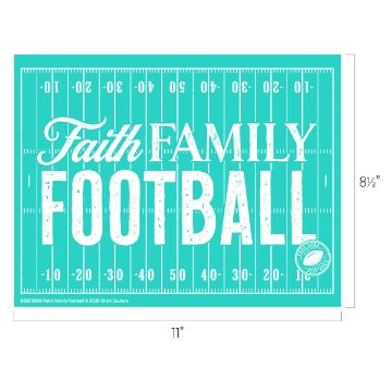 Show details for Faith Family Football Turquoise sign with a football field design and the words "Faith Family Football" in large white letters. Dimensions shown are 11 inches wide by 8.5 inches tall.