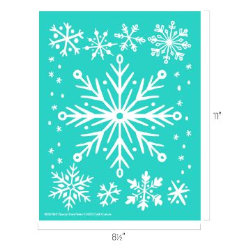 Show details for Special Snowflakes Turquoise sheet featuring various sizes and styles of white snowflake designs, surrounded by dots, with dimensions labeled as 11 inches tall and 8.5 inches wide.