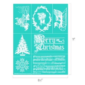 Show details for Etched Christmas Essentials A teal sheet with white Christmas-themed designs, including a candle, wreath, bell, decorated tree, "Merry Christmas" text, snowflake, and sheet music. Dimensions: 8.5" wide by 11" tall.
