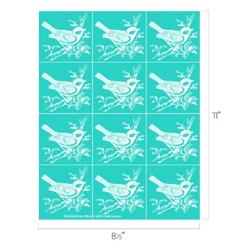 Show details for Bird Minis A teal sheet with nine identical white bird illustrations on branches, arranged in a 3x3 grid. The sheet measures 8.5 inches wide by 11 inches tall.