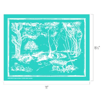 Show details for Autumn Days A stencil design shows a rustic outdoor scene with trees, a split-rail fence, and a wheelbarrow filled with leaves. The stencil measures 11 inches wide by 8.5 inches tall.