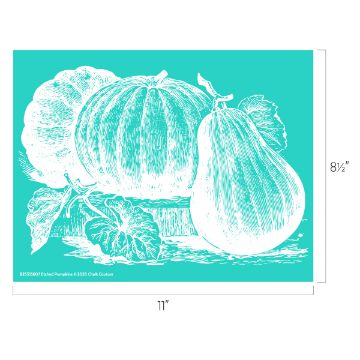 Show details for Etched Pumpkins White line art of three pumpkins with leaves, set against a teal background. The illustration is centered on a rectangular canvas measuring 11 inches wide by 8.5 inches tall.