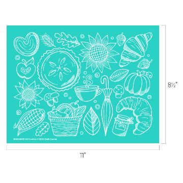 Show details for Fall Favorites White line drawings of fall-themed items, including sunflowers, a pumpkin, croissants, an umbrella, a basket of apples, corn, leaves, a jar, and a sand dollar, on a teal background. The sheet measures 11" by 8.5".