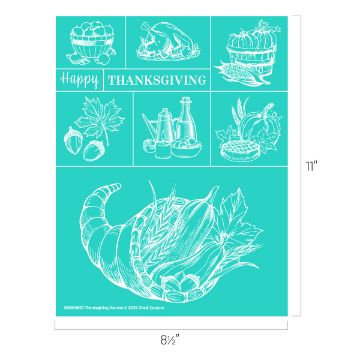 Show details for Thanksgiving Harvest A teal stencil sheet with white Thanksgiving-themed illustrations, including a cornucopia, pumpkin, turkey, cranberries, syrup bottles, corn, squash, and the words "Happy Thanksgiving." Sheet size is 8.5" x 11".