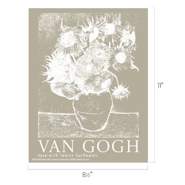 Show details for Vase with Twelve Sunflowers Poster featuring a sketch-style drawing of sunflowers in a vase on a beige background. Text below reads “VAN GOGH” and “Vase with Twelve Sunflowers,” with image dimensions 11 by 8.5 inches indicated.