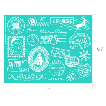 Show details for Christmas Delivery A teal stencil sheet with white holiday-themed mail and postage stamp designs, including Santa, reindeer, North Pole, and Christmas delivery graphics. The stencil measures 11 inches by 8.5 inches.
