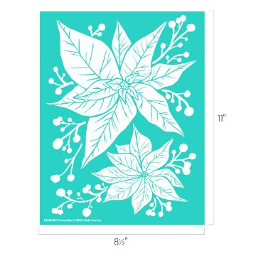 Show details for Poinsettias White poinsettia flowers with leaves and berry sprigs are illustrated on a teal rectangular background. The image includes measurements of 11 inches tall by 8.5 inches wide.