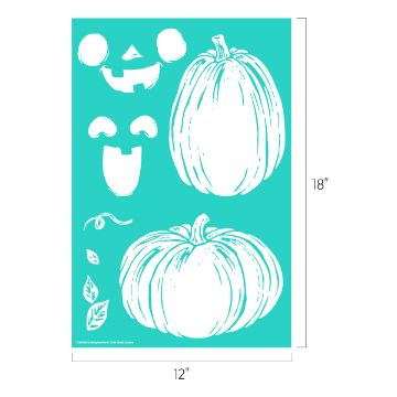 Show details for Pumpkin Pair A teal stencil sheet measuring 12 by 18 inches with white outlines of two pumpkins, jack-o'-lantern face pieces, a pumpkin stem, and three leaves.
