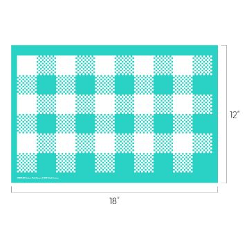 Show details for Modern Plaid Pattern A turquoise and white checkered rectangular mat with dimensions labeled as 18 inches wide and 12 inches tall. The mat has a checkerboard pattern with a solid turquoise border.