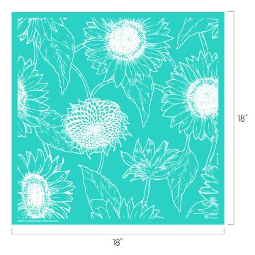 Show details for Sunflower Pattern A turquoise square with a white line art pattern of large sunflowers and leaves. The image measures 18 inches by 18 inches.