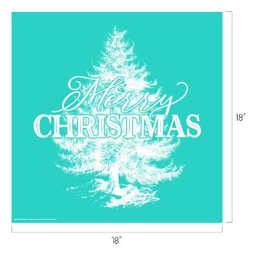 Show details for Merry Christmas Tree A white illustration of a Christmas tree with the words "Merry Christmas" in large, elegant white letters across the center, on a turquoise background. The image measures 18 by 18 inches.